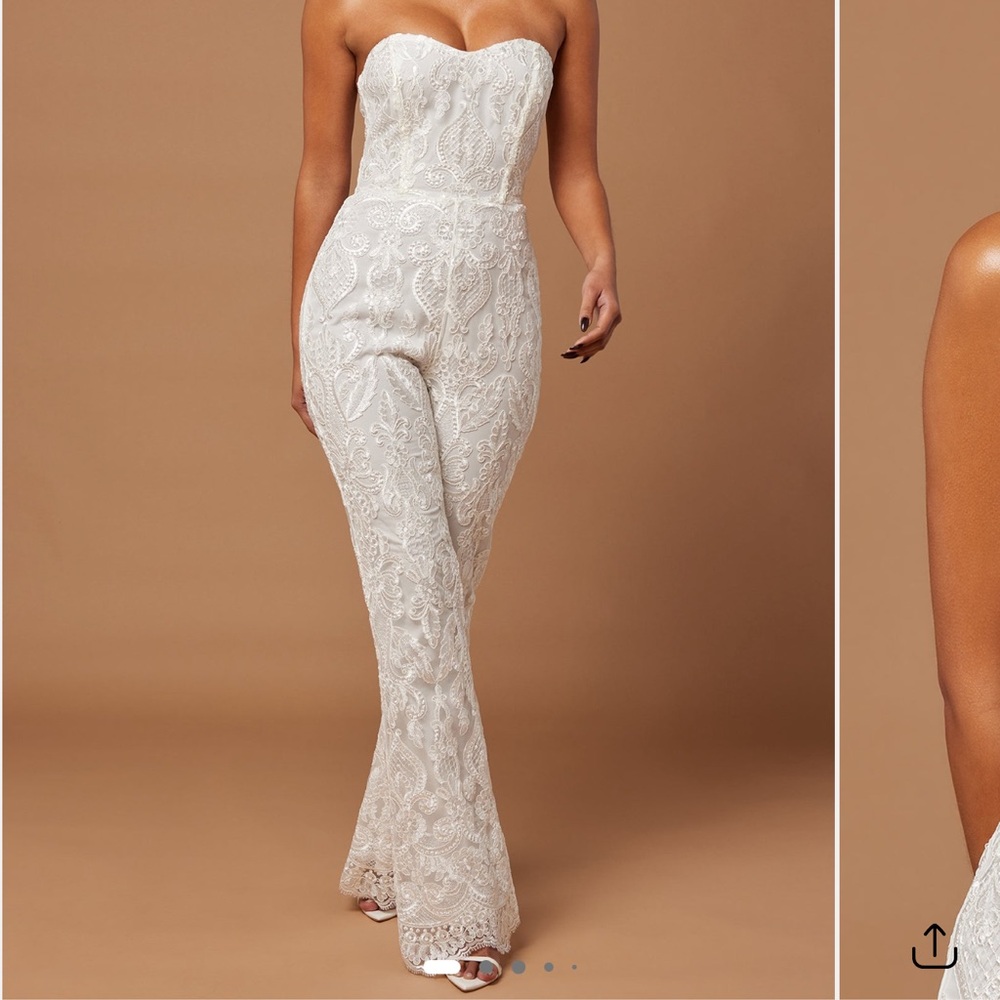 Fashion Nova Lace Strapless Jumpsuit - Cream
